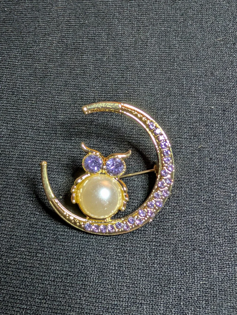 Gold-Tone Owl Brooch with Purple Crystals and Pearl Accent